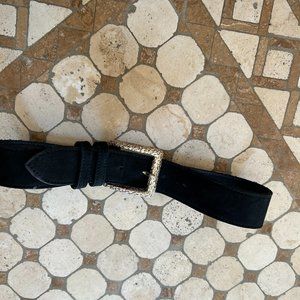EXPRESS Sz S Black Leather/Suede Belt with Large Gold hammered Buckle